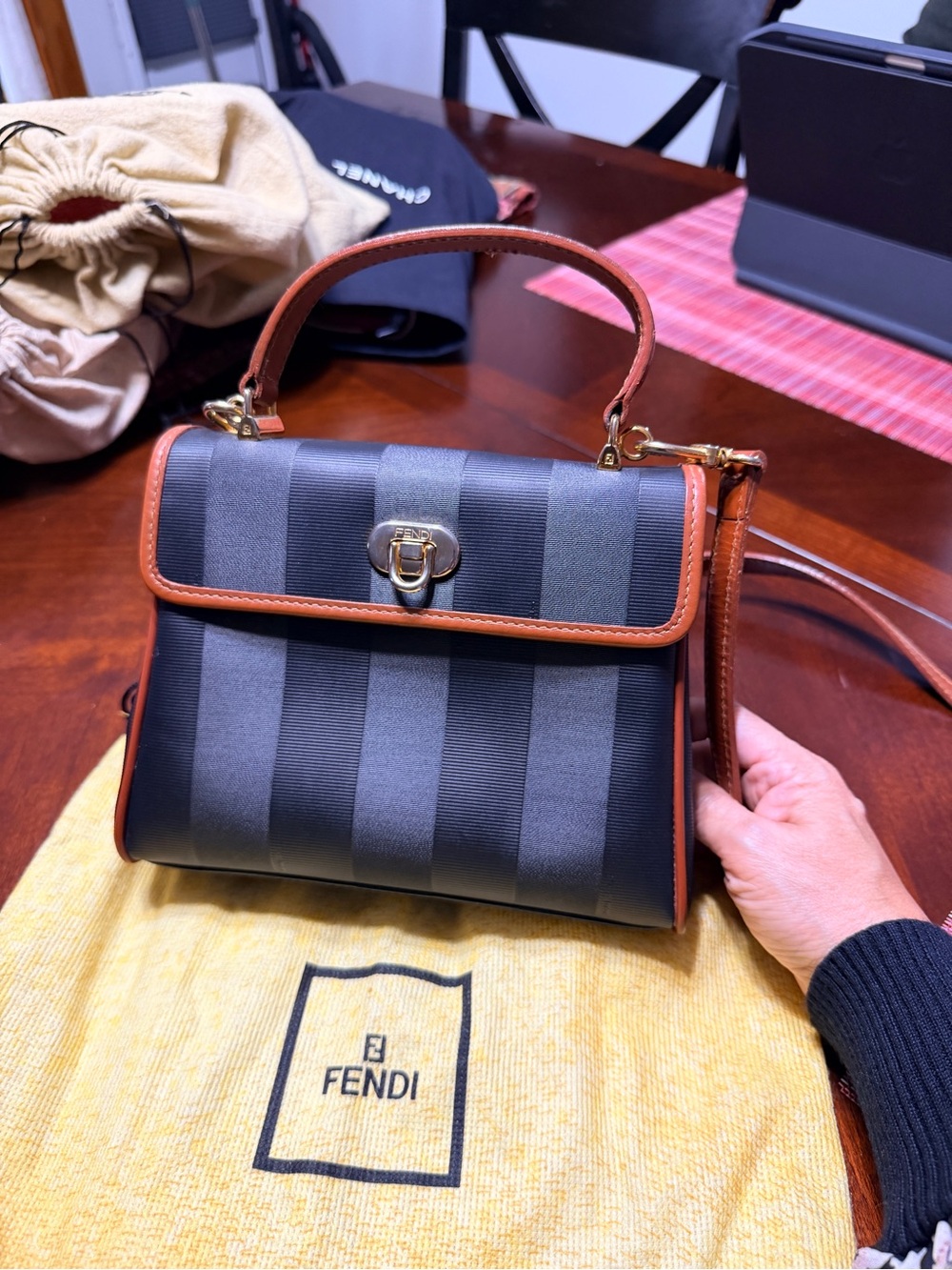 Fendi Black & Brown Striped Top Handle Satchel